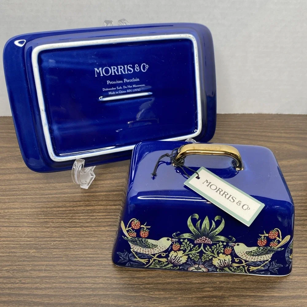 NWT William Morris & Co Strawberry Thief Butter Dish Blue with Gold Trim